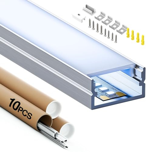 Shine Plus LED Profil, LED Schiene, 10 x Profil 2m, U-förmiger Kanal, Mattabdeckung, maximale Größe 17 mm, Abmessungen 19,3 × 9.8 mm