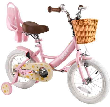 RULLY Lemon Kinderfahrrad 16 Zoll für Mädchen von 4-7 Jahren, mit Stützrädern, Mädchenfahrrad mit Korb und Puppensitz, Rosa