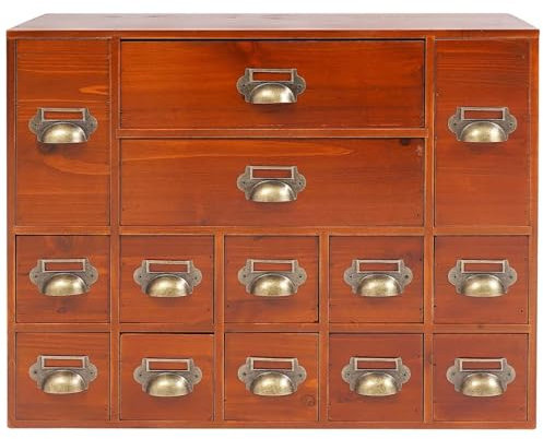 Gvqng Apothekerschrank Mit 14 Schubladen, Schubladenschrank Aus Holz Mit 14 Schubladen, Apothekerkommoden Und -SchräNke FüR Den Tisch, Bibliotheksschrank Mit Kartenkatalog,Braun