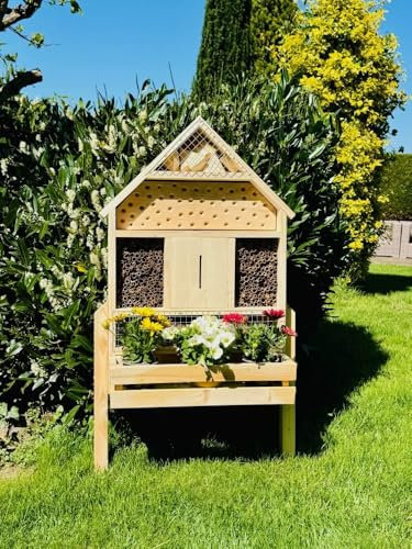 DARLUX handgefertigtes Insektenhotel XL Wildbienen Nisthilfe I Insektenhaus mit Blumenkasten aus Holz und Standfuß 97 x 51 x 18 cm (HxBxT) I Wetterfest I Bienenhaus I Produziert in der EU