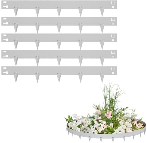 PEILU Rasenkanten 16cm Hoch Verzinkt Stahl Beeteinfassung Garten Beetumrandung mit Spikes 5 Stück 106cm Mähkante Wurzelsperre Palisaden Metall Rasenkantenband für Wege, Rasenflächen (Silber)