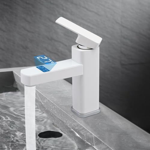 Rubinetti per lavabo, rubinetto G1/2 con 2 tubi, miscelatore lavabo con indicatore digitale della temperatura a LED, rubinetto per lavabo, miscelatore monocomando (bianco)