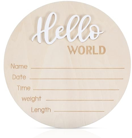 Tyqour Meilensteinkarten Baby Holz Ankündigungsschilder, 5,9 Zoll Neugeborenes Announcement Sign Baby Hello World Willkommensschild Rund für Schwangere, Werdende Mütter Eltern, Weiß