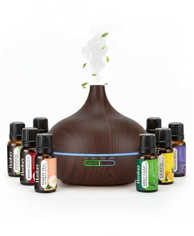 Essential Oil Diffuser & 8 Premium Oils 500ml - Nest & Nibble Ultrasonic Cool Mist Aroma Therapy Diffuser & Air Humidifier Gift w/Remote & 7 LED Lights for Home, Bedroom, Spa & Wellness - Dark Wood