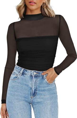 Zeagoo Netzoberteil Für Damen Sexy Party Top Mesh Oberteil Langarm Transparente Bluse Netz Tshirt Slim Fit Langarmshirt Frauen Clubwear Halloween Schwarz XL