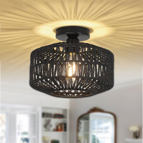 JOYINLED Rattan Deckenleuchte, 30 cm, Boho Vintage Design, Handgefertigt, Schwarz, E27 Fassung, für Wohnzimmer, Schlafzimmer, Küche(keine Glühbirne)