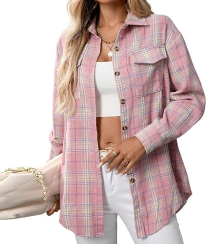 Générique Chemise Cowboy Femme Femme Chemise à Carreaux Western Décontractée Chemises Manches Longues Classique Blouses Boutonnées Tyle Décontracté Plaid Shacket Rose L