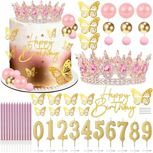 SUTROMA Crown Cake Topper, Corona Para Pastel,Happy Birthday Cake Toppers Candles Balls Butterflies, Cake Decorations for Princess Women Queen Party Wedding Decor (Rose Gold Pink)