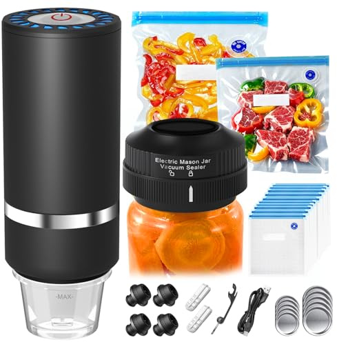 Handheld Vacuum Sealer for Food,Mason Jar Vacuum Sealer + 4Wine Vacuum Stopper +10 Reusable Vacuum Bags,Mini Small Vacuum Sealer Bags for Home,Kitchen,Travel,Fridge Meal Prep,Camping - Black