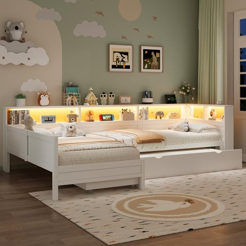 ZIDEY Holz Tagesbett 90x200 mit LED, Ausziehbett und Schublade, L-Form Schlafsofa Einzelbett mit Staufach & Lattenrost, Gästebett Jugendbett, Funktionsbett, Bettgestell, ohne Matratze, Weiß