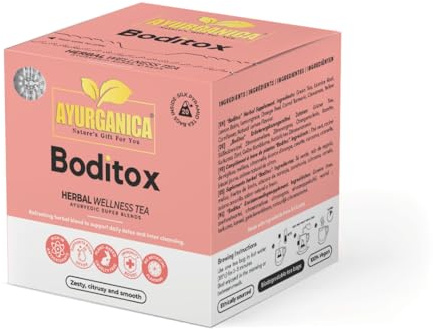 Ayurganica Boditox Herbal Tea with 9 Active Herbs - 40 Counts – Detox Tea For Liver & Body Cleanse – Ayurvedic Lemon Balm Tea with Green Tea, Licorice & Citrus Peel – Silk Pyramid Individual Tea Bags