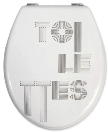 Sedile Copriwater Universale in Legno MDF, Tavoletta WC con Design Moderno Scritta Toilettes, Cerniere in Acciaio Inox, Facile Montaggio, Bianco con Decoro Nero