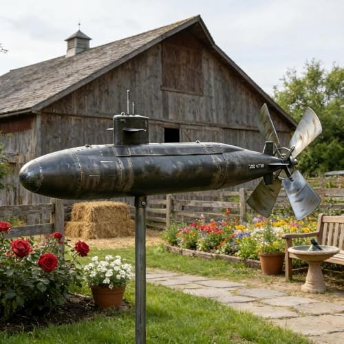 Submarine Wind Spinner, Moulin À Vent Cuirassé Fer Jardin sur Piquet, Moulin À Vent Jardin sous-Marins Marine Fantaisie, Décoration Extérieure Sculpture Cuirassé Moulins À Vents Ornements Jardins