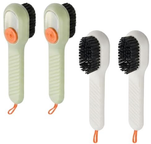 4 Piezas Cepillo Zapatos con Dispensador De Jabón, Limpiador Zapatillas De Cerdas Suaves, Cepillo Limpieza Hogar para Ropa, Baño, Cocina, Diseño Colgante, Verde Y Blanco