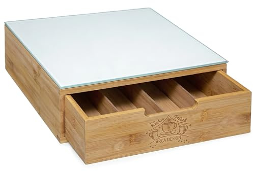 Cassettiera Porta Cialde e Capsule Caffè - Organizer in Legno con Ripiano in Vetro Lucido Bianco e Cassetto Salvaspazio, 30x30x10 cm, Supporto Macchina Caffè, Coffee Station per Cucina e Ufficio