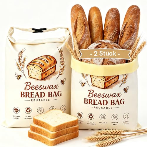 Bienenwachs Brotbeutel, 2 Stück Wiederverwendbare Bienenwachsbeutel 43×33cm, Natürliche Brotbeutel aus Baumwolle und Bienenwachs mit Reißverschluss & Schnalle, für Selbstgebackenes Brot & Backwaren