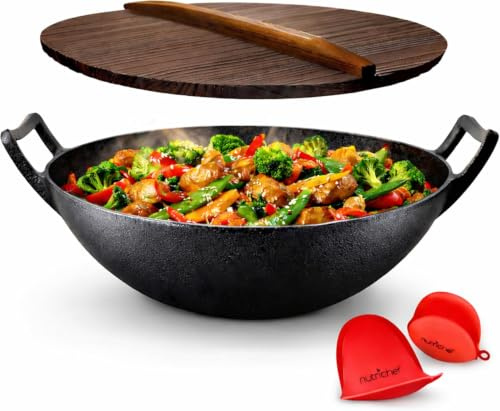 NutriChef Wokpfanne- Ø 30cm, Vorgewürztes- Wok Induktion- mit Holzdeckel | Gusseisenpfanne, Ideal zum Braten, Schmoren und Dünsten, Asiatische Küche, für alle Herdarten und ofen geeignet, PFOA -Frei
