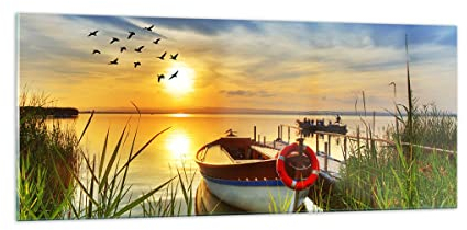 ARTTOR Vidrios decorativos 100x40cm Cuadro Sobre Vidrio Moderno Barco lago puesta del sol verano la gente Grande Cuadros Pared Decoracion Salon Impresión en Cristal Wall Art Prints GAB100x40-3053
