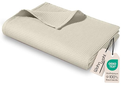 WOHNWOHL® Tagesdecke (220x240cm) • Große Waffelpique Decke • 100% Baumwolle • Sommerdecke • Sofa-Decke • Pflegeleichte Wohndecke • Überwurfdecke • Baumwolldecke • Farbe: Creme
