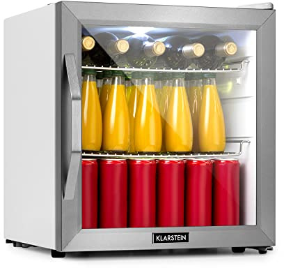 KLARSTEIN Mini Frigo da Camera per Birra, Portatile, Piccolo da Ufficio, con Porta in Vetro, Bar con Ripiani Rimovibili, 3-10°C, 47L