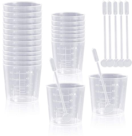 Lvcky 20 Stück 60 ml transparente Polypropylen-Plastikbecher mit 20 Rührstäben zum Mischen von Farbe, Flecken, Epoxidharz