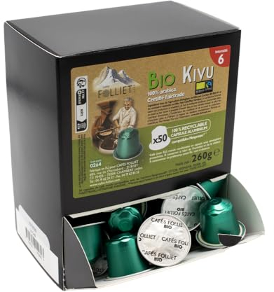 CAFÉS FOLLIET - Café En Capsule Bio - Kivu - Torréfaction traditionnelle - Intensité 6/10-100% Arabica - Café vert - 50 Capsules