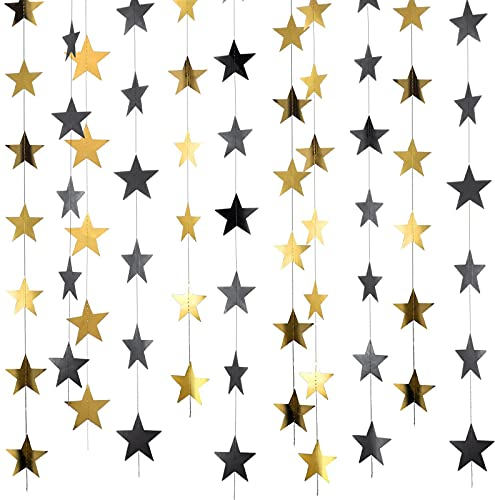 Patelai 130 Feet Glitter Star Garland Banner 2026 Party Decoration Double Side Star Hanging String Streamer Paper Twinkle for Graduation Wedding Birthday (Gold and Black)