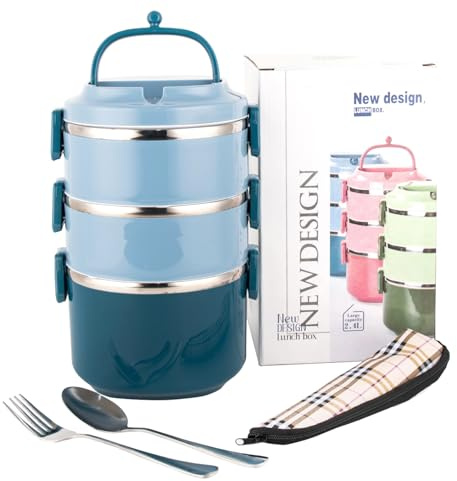 3 Schichten Mehrschichtige stapelbare Edelstahl-Lunchbox,Auslaufsicher,blau