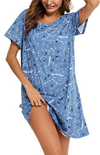 ENJOYNIGHT Nachthemd Damen Kurzarm Baumwolle Schlafshirt Sommer Sleepshirt Kurz Nachtwäsche Nachtkleid Weiche Schlafhemd (3X-Large,Blauer Stern)