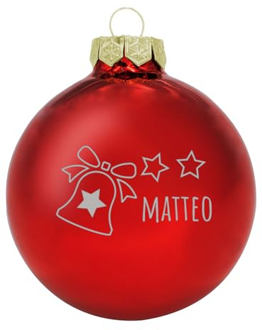 Deitert Weihnachtskugel mit Wunschtext Gravur, Ø 8cm, personalisierte Christbaumkugel aus Glas (glänzend), Individueller Weihnachtsbaumschmuck Namen oder Spruch, Glocken-Motiv, Rot