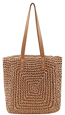 Faletony Stroh Strandtasche Flechttasche Strohtasche Groß Umhängetasche Sommer Shopper Handtasche Einkaufstasche Korbtasche für Strand Reise Einkauf (Stil 1-Hellbraun)
