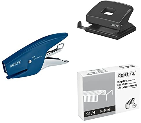 Esselte Centra P21 Cucitrice a Pinza in Metallo, 15 Fogli, Blu + Perforatore HP 20, Fino a 20 Fogli, Nero + Punti 21/4 mm, Confezione da 2000 Pezzi