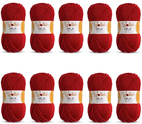 Wollidu Mila-garn för virkning och stickning, 10 x 50 g/133 m stickgarn, 100 % polyakryl, virkgarn, körsbärsrött