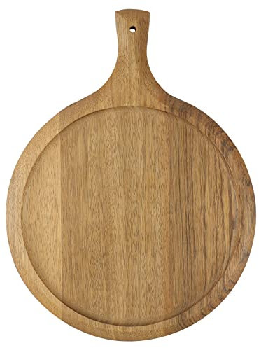Assiette Pizza Planche à Pizza en Bois Massif, Plateau de Transfert Rond 30cm avec Poignée, Poli à La Main, pour Pizza, Pain, Fromage, Viande