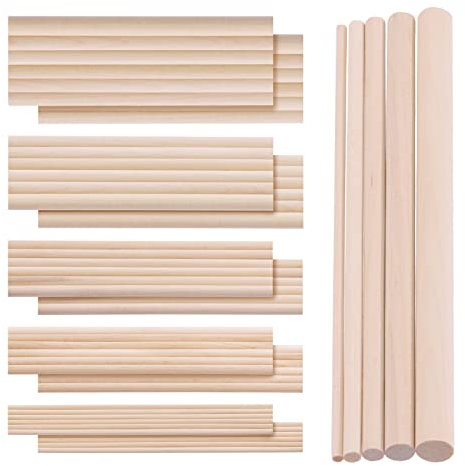 Swpeet 160Pcs OD 1/8 3/16 1/4 5/16 3/8 Length 6Inch/150mm Wooden Dowel Rods Craft Wood Sticks Assortment Kit, Unfinished Dowel Small Round Hardwood Sticks
