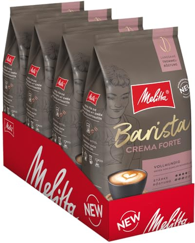 Melitta Barista Classic Crema Forte Lot de 4 paquets de grains de café entiers non moulus pour machine à café entièrement automatique, torréfaction puissante, force 4, dans un plateau