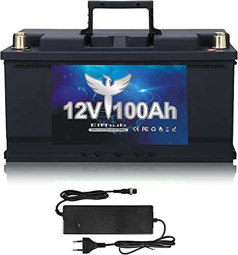 Elfhub 12V 100Ah LiFePO4 PLUS Lithiumbatterie mit USB Anschluss, Deep Cycle Batterie mit Verbessertem 100A BMS, Max. 1280W Energie, bis zu 15000 Zyklen für Wohnmobil, Solar, Trolling-Motor und Camping
