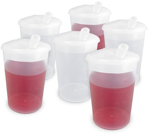Plastic Beaker with Drinking Lid - Pack of 6 | Adult Drinking Cup Drinking Cups Elderly Plastic Beakers for Adults Disability Cup Adult Beaker for Elderly Small Spouted Drinking Lid