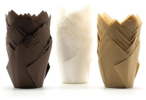 Mombake Tulip Cupcake Cases 150-Pack, Premium Standard Greaseproof Cupcake Liners Baking Cups(White-Natural-Brown)
