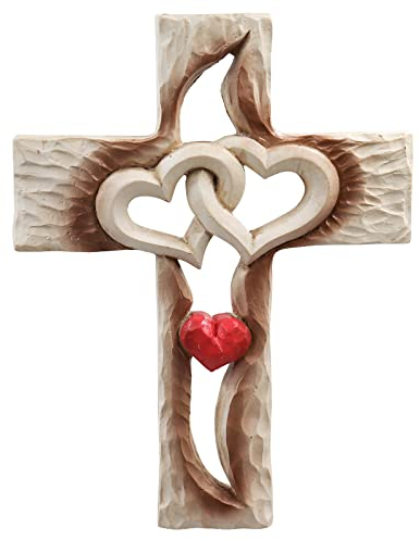 Oooct Carved Cross, Resin Cross Wall Decor, Intertwined Hearts & Never Separates Love, Great Christian Gift, Wall Art Gift, Home Living Room Decor - 6.88 × 5.23 Inch