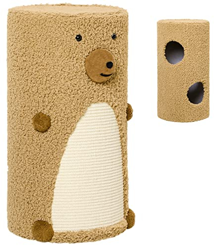 PawHut Kratztonne, Höhe 66 cm, Kratzturm mit 2 Ebenen, Katzentonne mit Kratzbrett, Katzenturm mit 2 Höhlen, Katzenkratzbaum im Bärendesign, Hellbraun