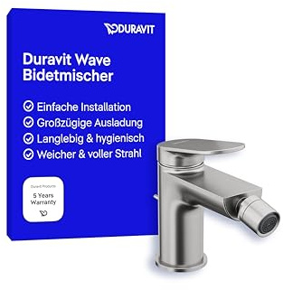 Duravit Wave Einhebel-Bidetarmatur (Auslauf Höhe 85 mm), Bidetmischer mit Zugstangen-Ablaufgarnitur, Edelstahl Gebürstet