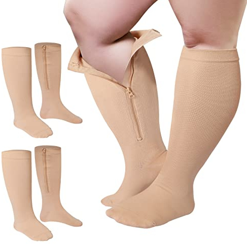 Hillban 2 Paar breite Waden-Kompressionsstrümpfe in Übergröße mit Reißverschluss für übergewichtige Frauen Männer 15 bis 25 mmHg, Beige, 4XL