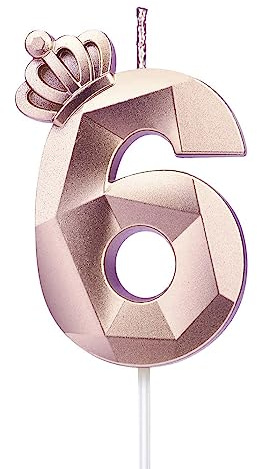 Zahl 6 Kerze, 7.6 cm große Happy Birthday-Kerze mit exquisiter 3D-Krone, Tortenaufsatz, Dekorationen für Hochzeit, Jahrestag, Geburtstag, Wiedervereinigung, Party-Dekoration, Feier (Rosé-6)