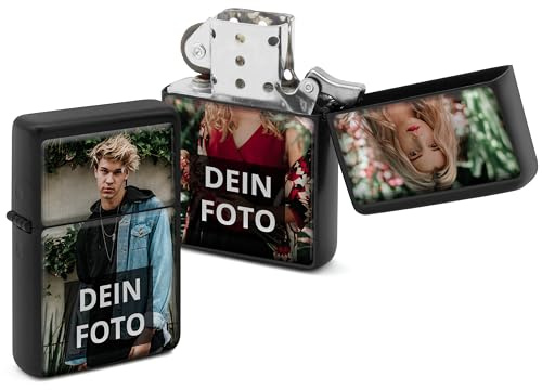 PhotoFancy® - Personalisiertes Sturmfeuerzeug mit eigenem Foto - Feuerzeug mit Foto Bedrucken - Benzinfeuerzeug als Fotogeschenk gestalten - Beidseitig Bedruckt - Farbe: Schwarz