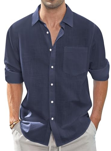 J.VER Men's Long Sleeve Linen Shirts Regular Fit Casual Cotton Solid Lightweight Summer Beach Shirt with Pocket Navy XL