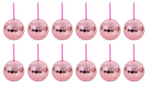 YöL Pack of 12 Pink Disco Ball Tumbler Cup Straw Reflective Shiny Summer Party Picnic BBQ