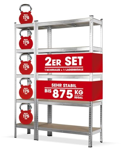 EASYmaxx Schwerlastregal 2er-Set | 875 kg Traglast, 175 kg pro Ebene | Regal und Werkbank | Kellerregal, Lagerregal mit 5 verstellbaren Ablagen | Für Keller, Garage, Hobbyraum, Werkstatt