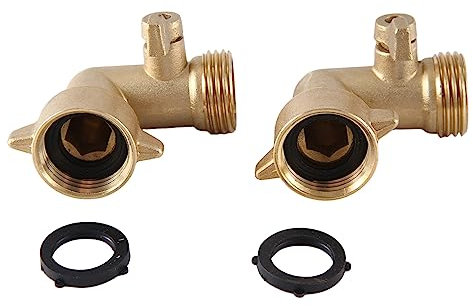 LIVASH 2Pcs 90 Degree Garden Hose Elbow with Shut Off Valve-3/4In Hose Adapter with 2 O-Rings Solid Brass Garden Hose Connector