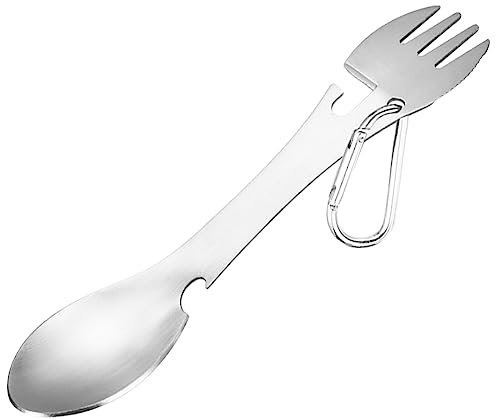 Cymwer 5-in-1 praktische taktische Gabel, multifunktionales Edelstahl-Löffel-Gabel-Messer-Kombi-Besteck mit Flaschenöffner-Überlebenswerkzeug, Dosenöffner-Kombinations-Camping-Reisebesteck (Silber)